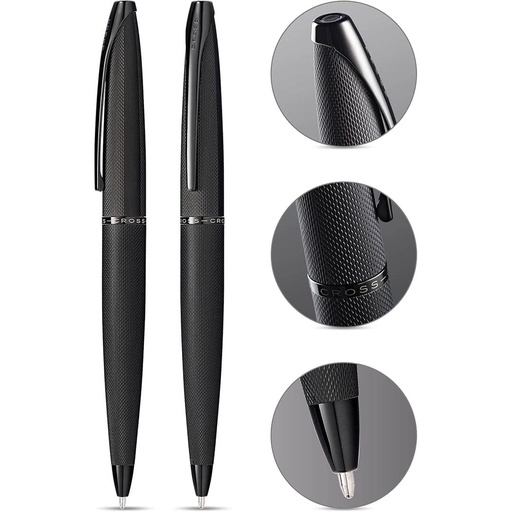 Cross Atx® Brushed Black With Machine-Turned, Diamond-Pattern Engraving With Polished Black Pvd Appointments Ballpoint Pen with Blue Ink