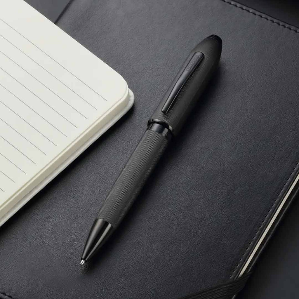 Peerless™ Polished Black PVD Engraved Diamond Pattern with Black PVD Appointments and Swarovski Crystal Ballpoint Pen (Blue Ink)